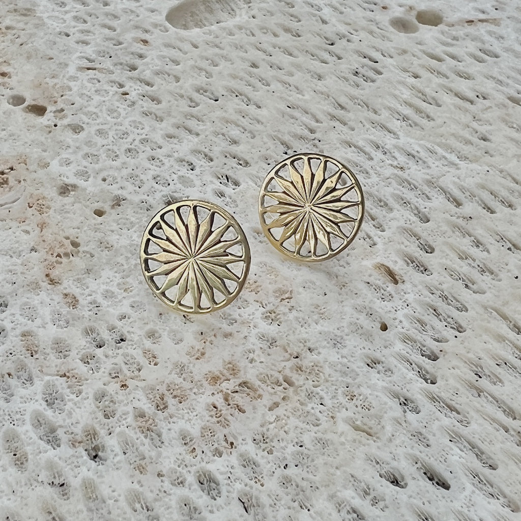 Cambodian Sunshine Stud Earrings Recycled Bombshell Brass Minimalist Sun Studs