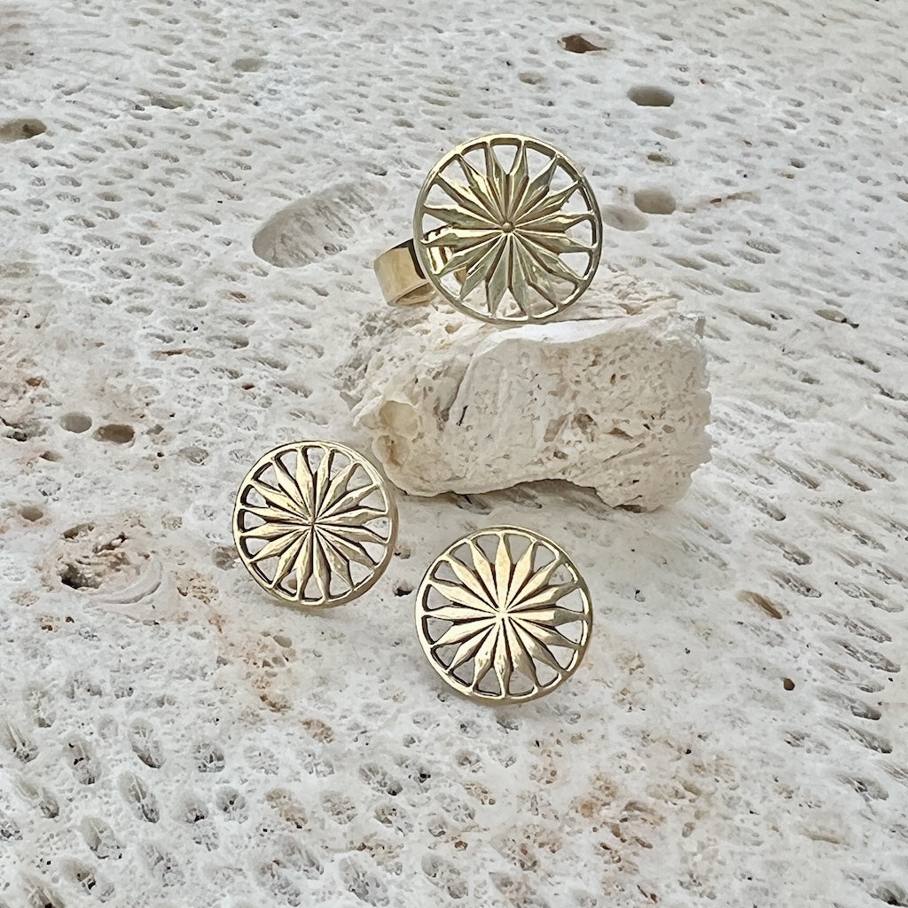 Cambodian Sunshine Stud Earrings Recycled Bombshell Brass Minimalist Sun Studs