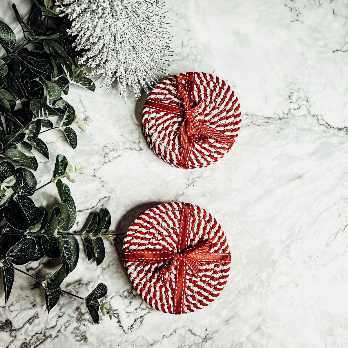 Candy Cane Stripe Braided Cotton Coasters Set Of 4 Holiday Table Protectors