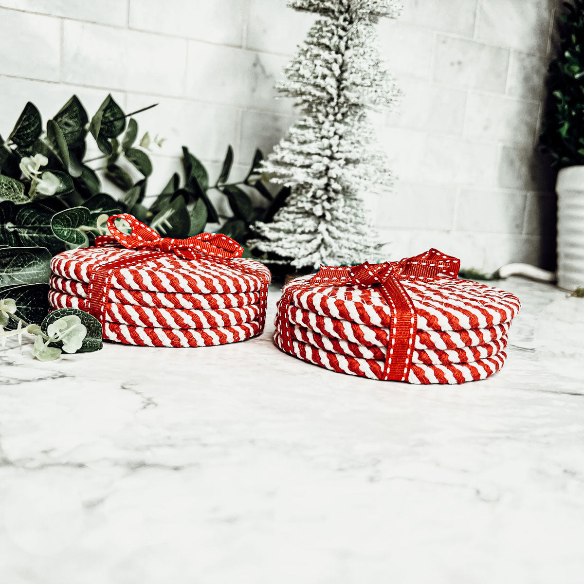 Candy Cane Stripe Braided Cotton Coasters Set Of 4 Holiday Table Protectors