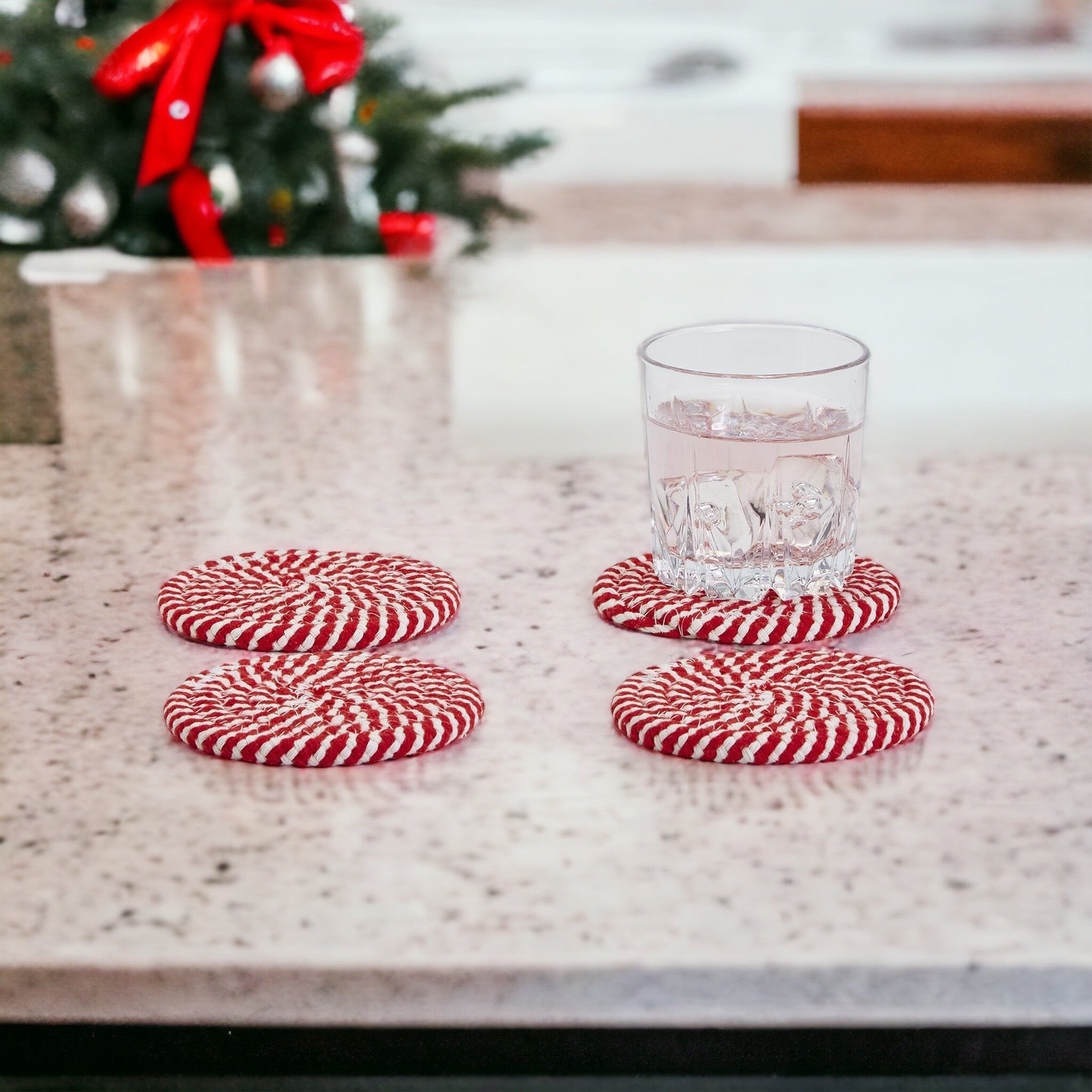 Candy Cane Stripe Braided Cotton Coasters Set Of 4 Holiday Table Protectors