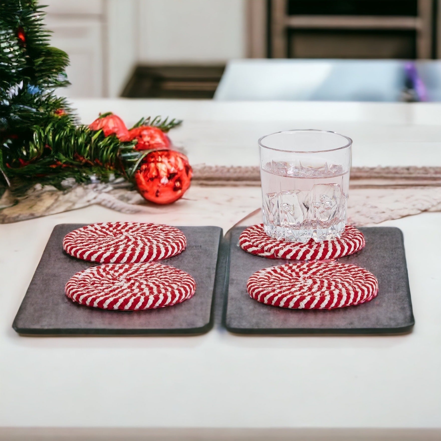 Candy Cane Stripe Braided Cotton Coasters Set Of 4 Holiday Table Protectors