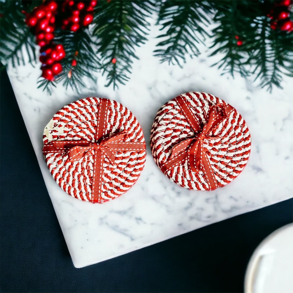 Candy Cane Stripe Braided Cotton Coasters Set Of 4 Holiday Table Protectors