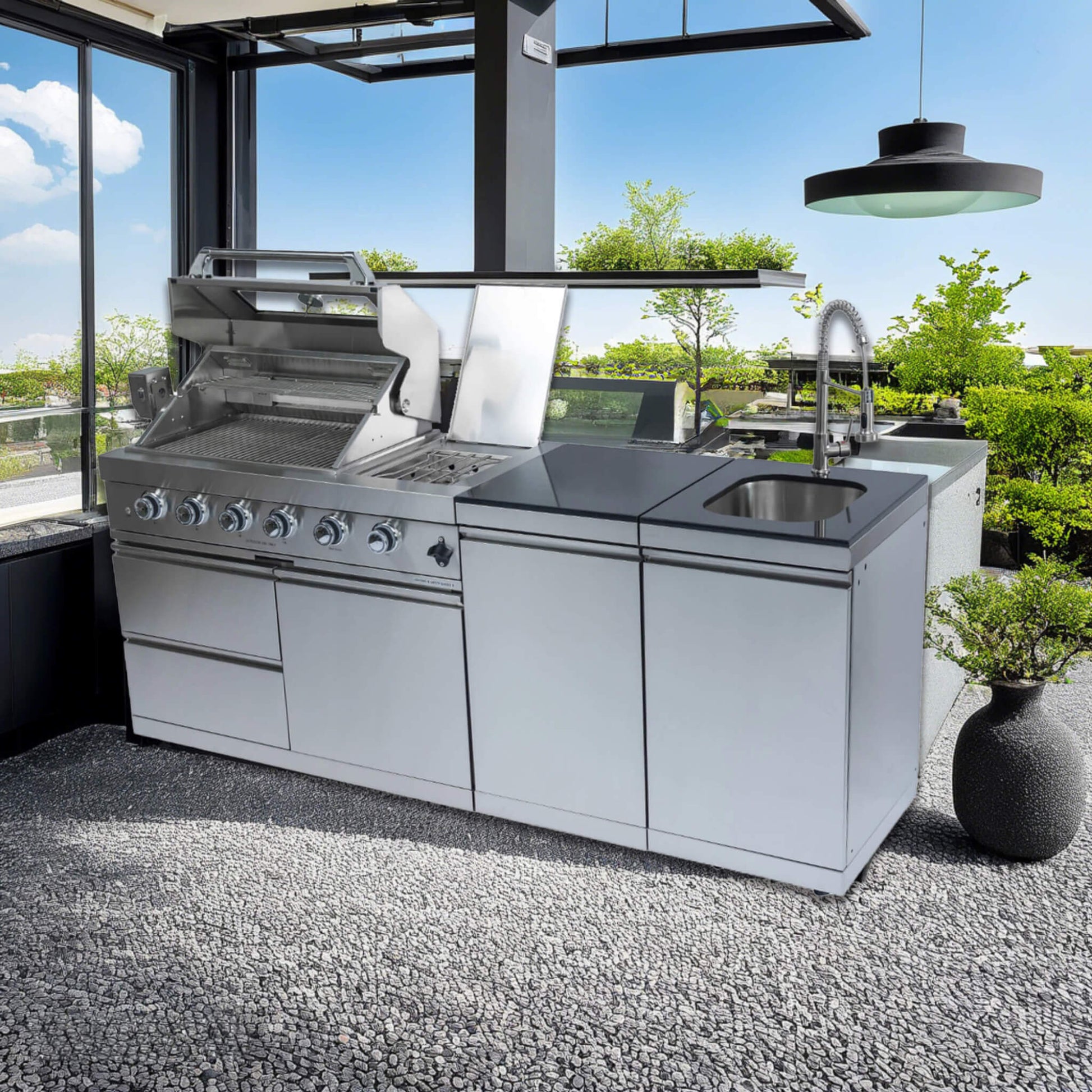 Castelle Flame Aurelia 46-Inch 4-Burner 72K BTU Stainless Steel Outdoor BBQ Kitchen Grill Island With 46-Inch 4-Burner 85K BTU Grill, Rotisserie Kit, And Cabinets (SAK93192)