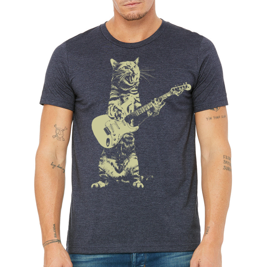 Cat Guitar T Shirt Mens Rock Music Vintage Graphic Tee