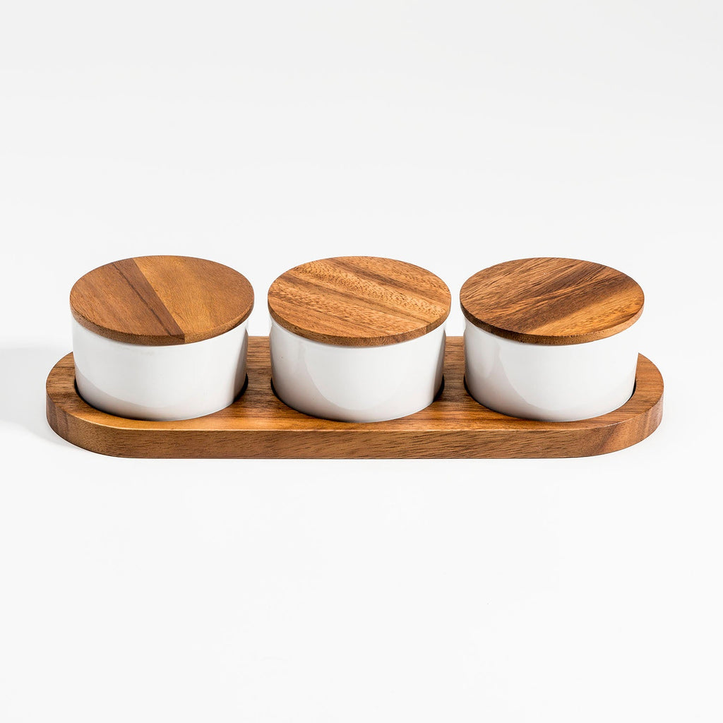 Ceramic Condiment Set With Acacia Wood Base 13in x 3.75in - 3 Bowls With Lids