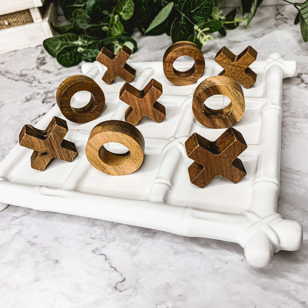 Ceramic Tic Tac Toe Game Faux Bamboo Board With Acacia Wood Pieces, Decor