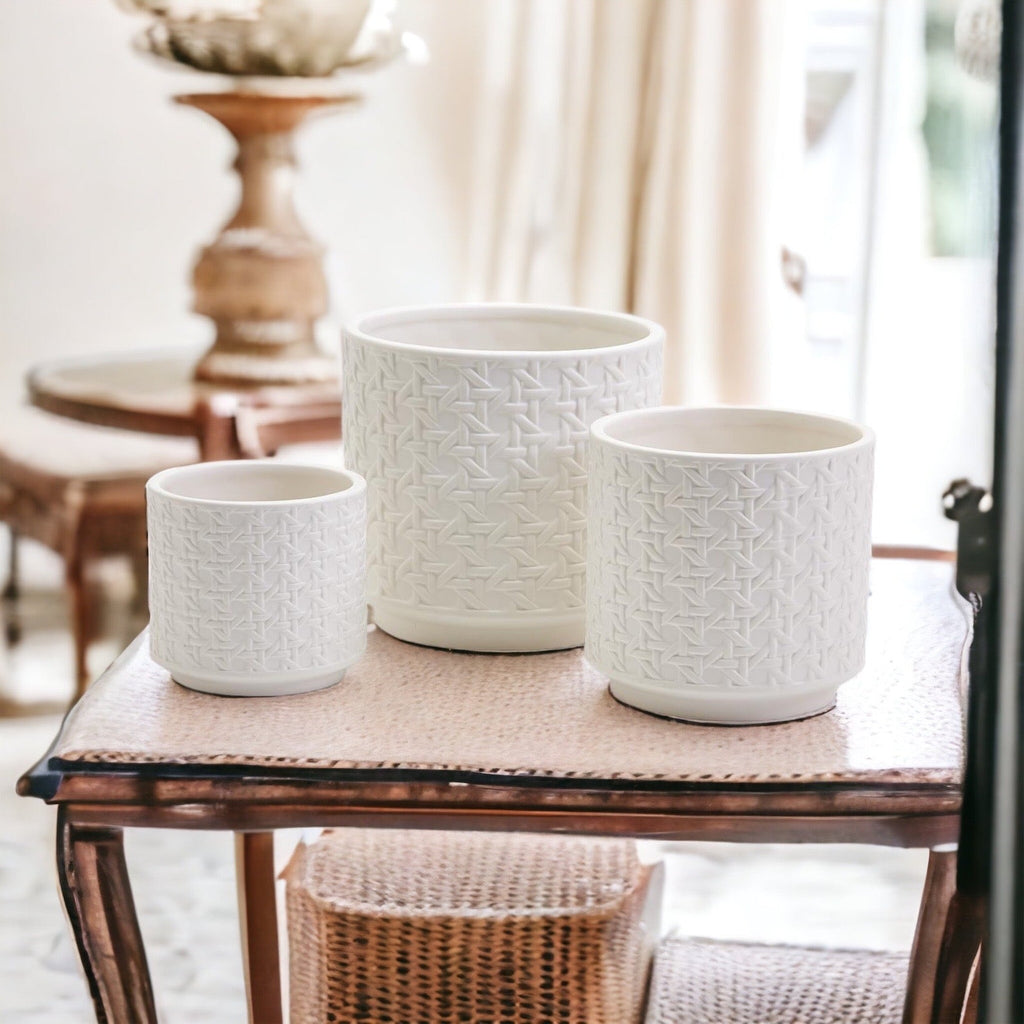 Ceramic Webbing Pattern Planters Embossed Cane Cement Pots Small Medium Large