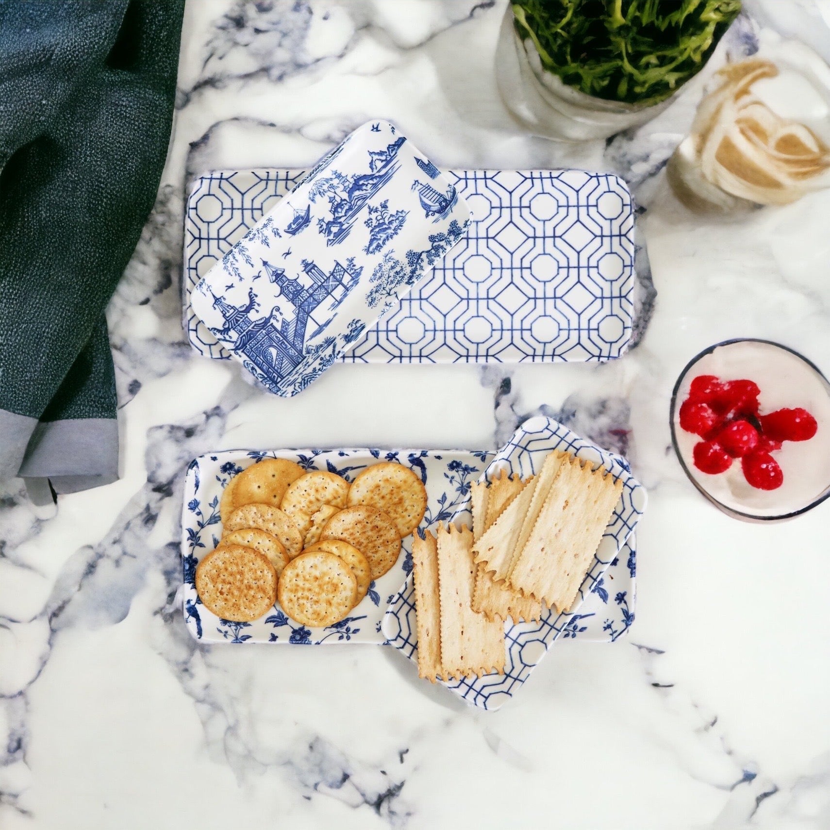 Chinoiserie Blue White Serving Tray Set 4pc Assorted Large and Small