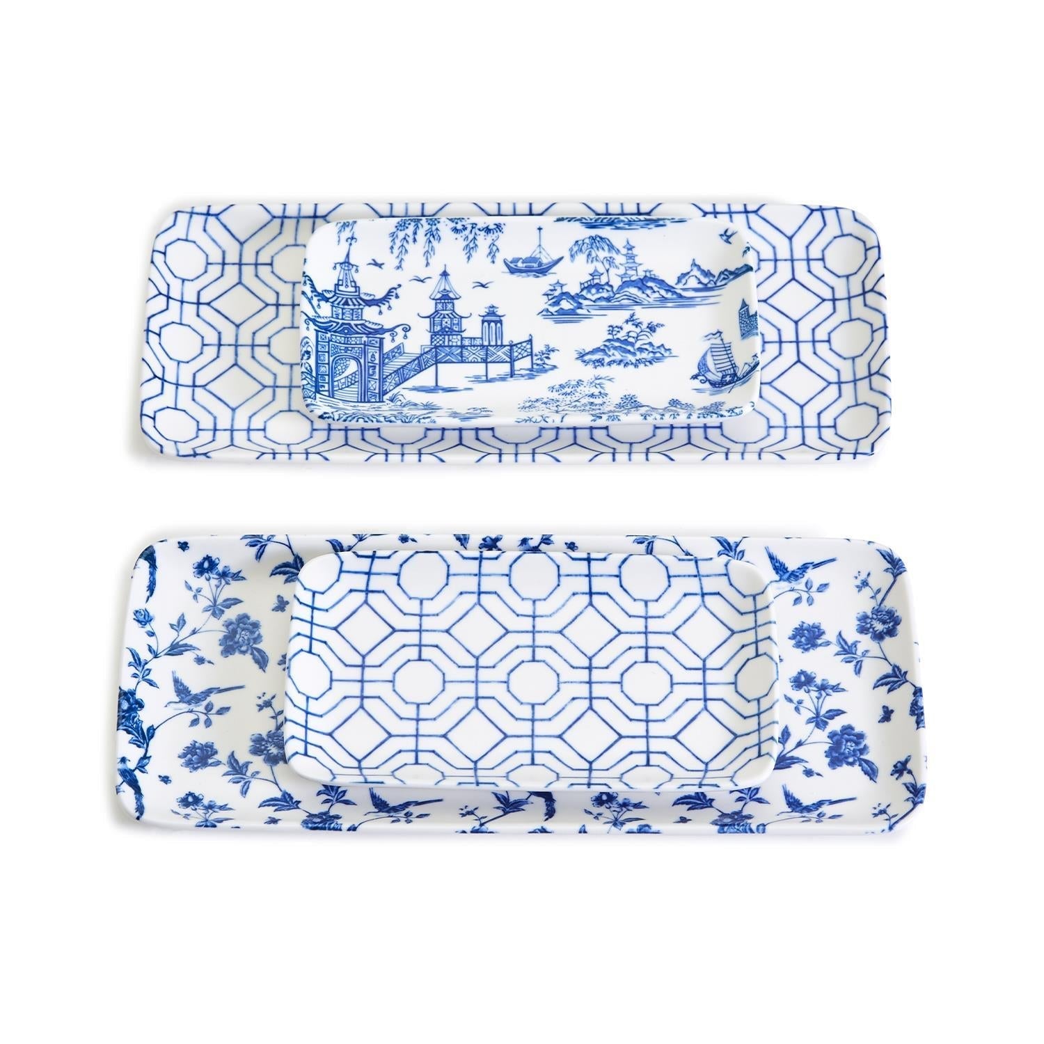 Chinoiserie Blue White Serving Tray Set 4pc Assorted Large and Small