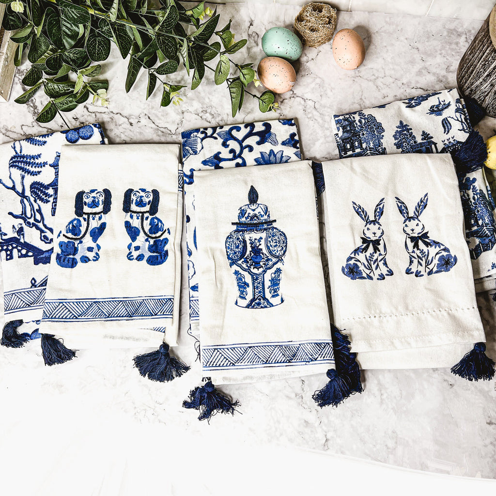 Chinoiserie Bunny Embroidered Cotton Dish Towels Oversized Tassel 17x29