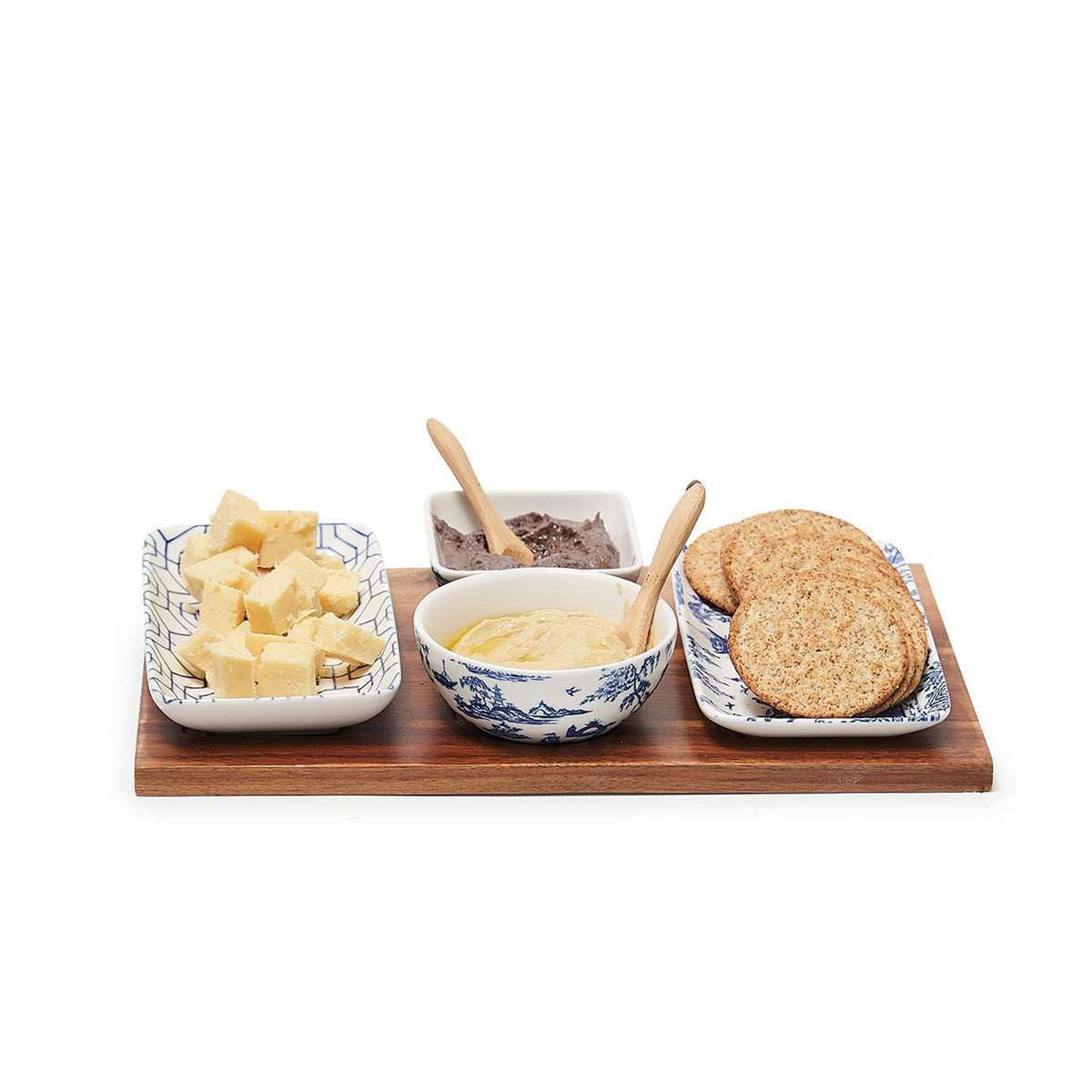 Chinoiserie Tapas Serving Set 7-Piece Porcelain Matte Blue White Acacia Tray