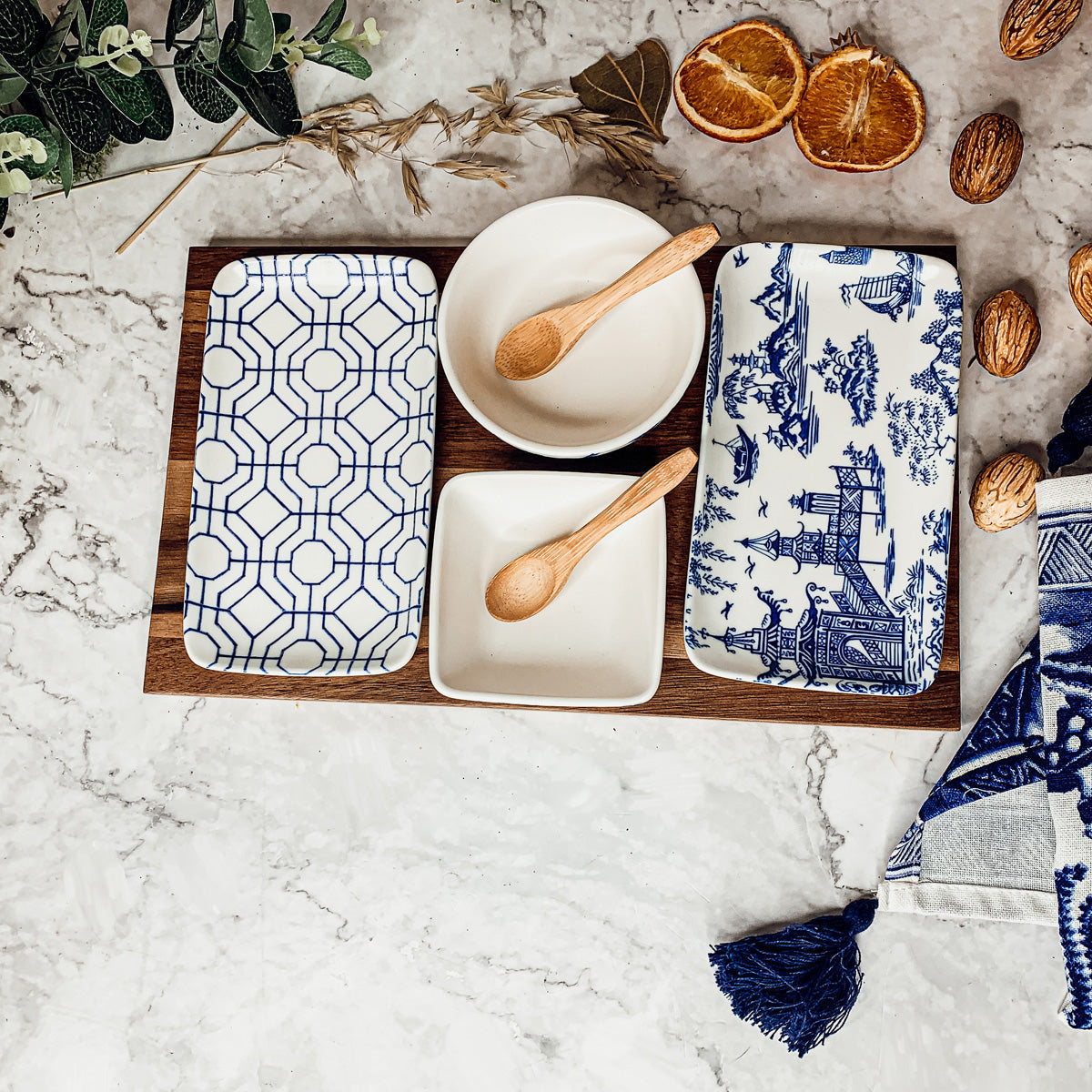 Chinoiserie Tapas Serving Set 7-Piece Porcelain Matte Blue White Acacia Tray