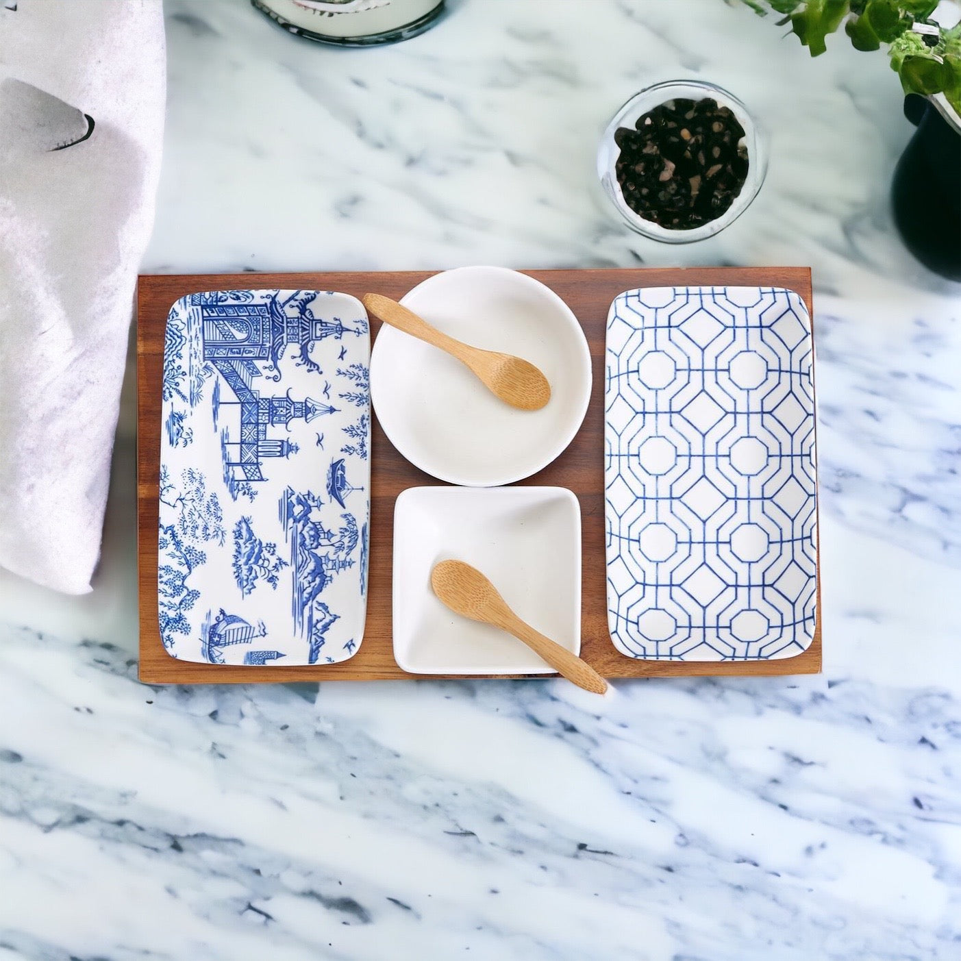 Chinoiserie Tapas Serving Set 7-Piece Porcelain Matte Blue White Acacia Tray
