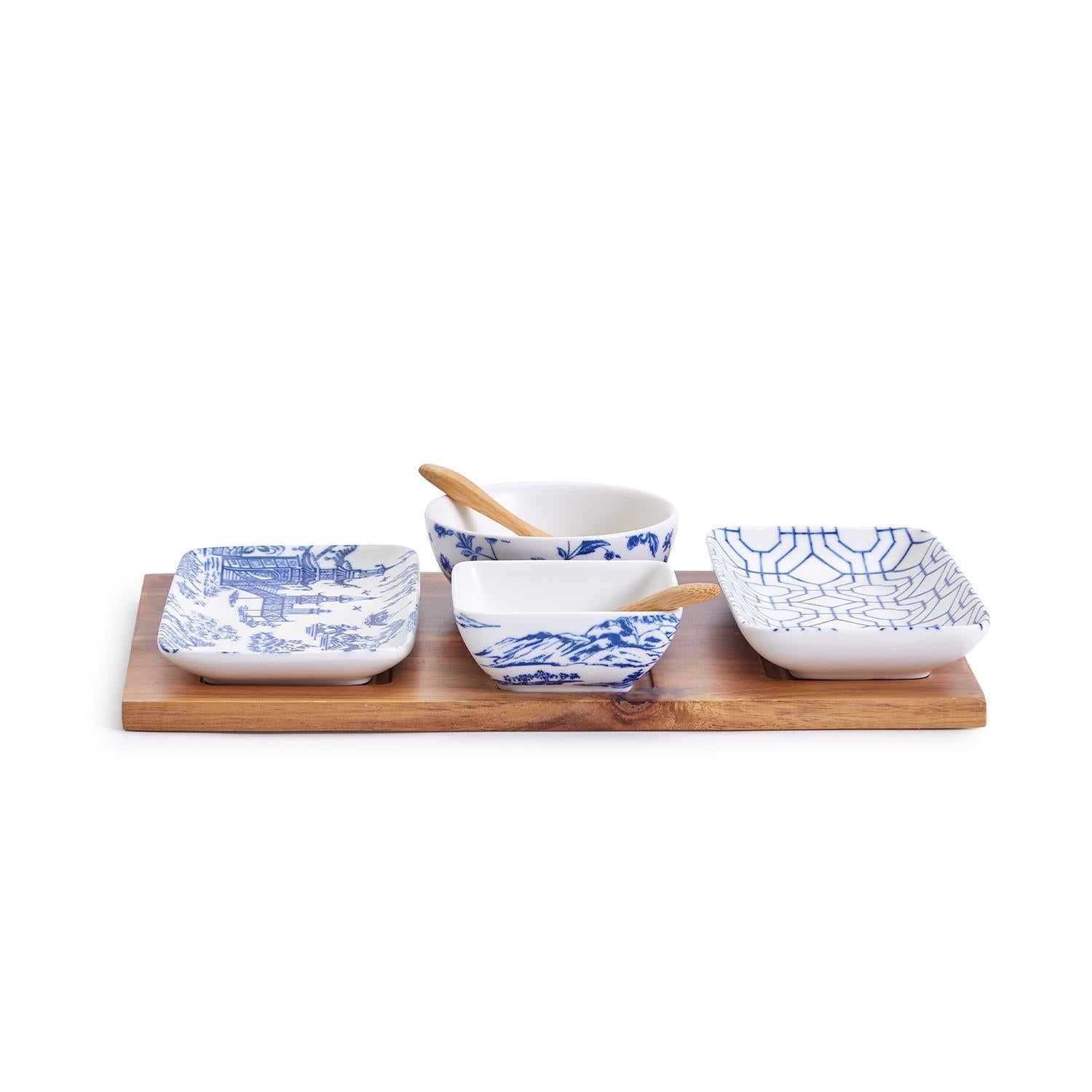 Chinoiserie Tapas Serving Set 7-Piece Porcelain Matte Blue White Acacia Tray