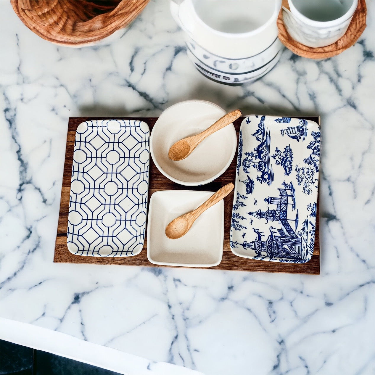 Chinoiserie Tapas Serving Set 7-Piece Porcelain Matte Blue White Acacia Tray