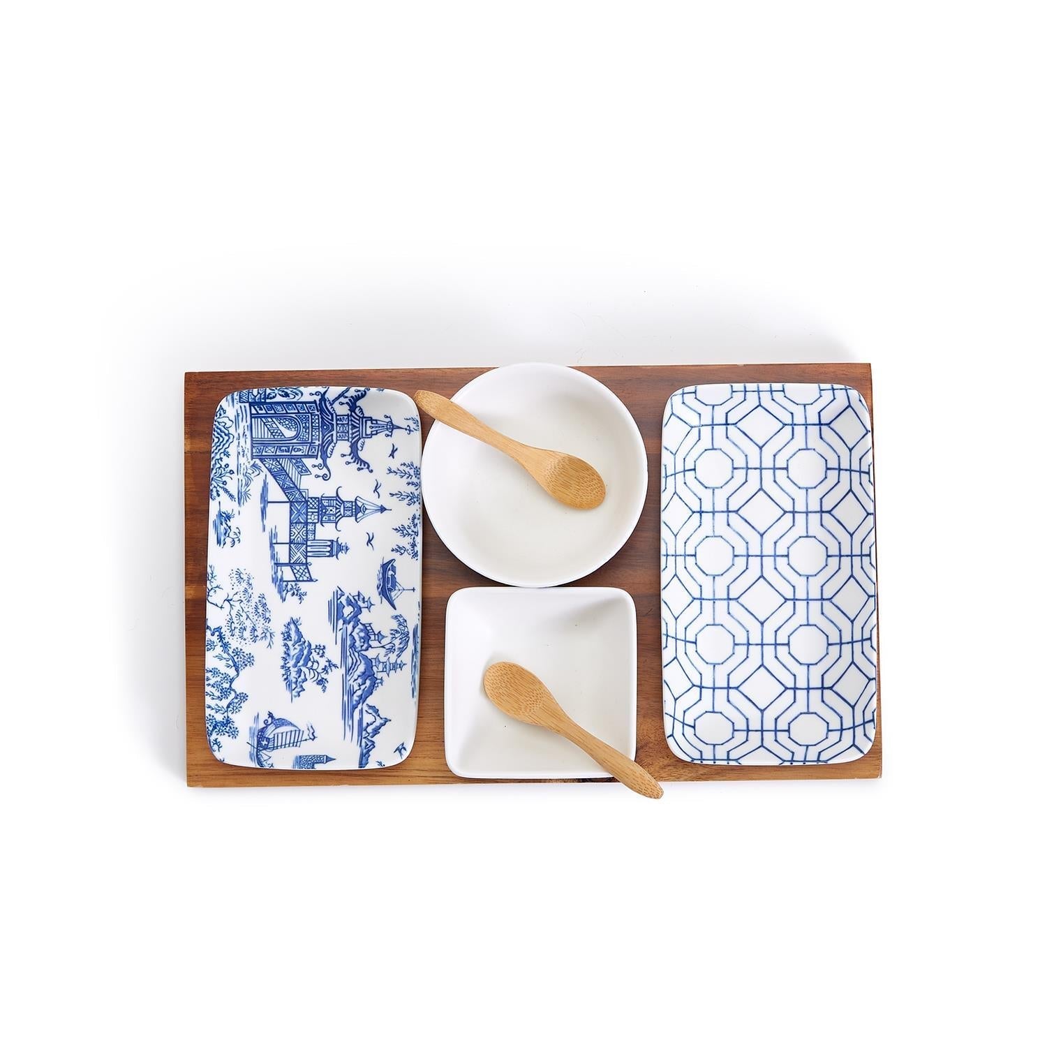 Chinoiserie Tapas Serving Set 7-Piece Porcelain Matte Blue White Acacia Tray