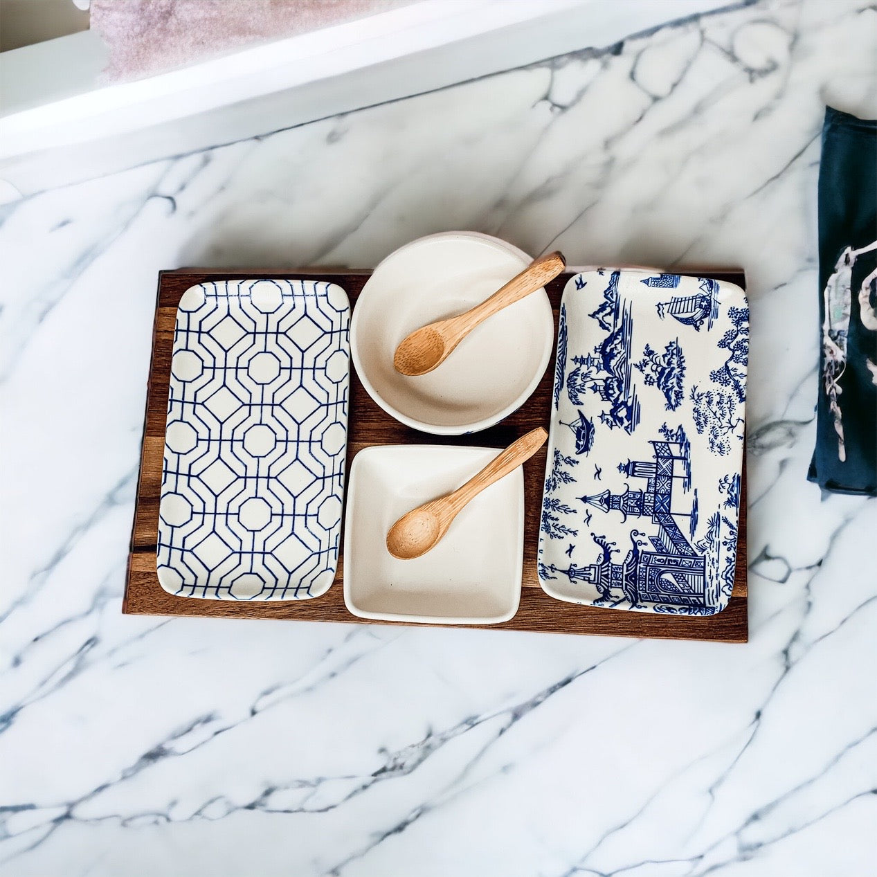 Chinoiserie Tapas Serving Set 7-Piece Porcelain Matte Blue White Acacia Tray