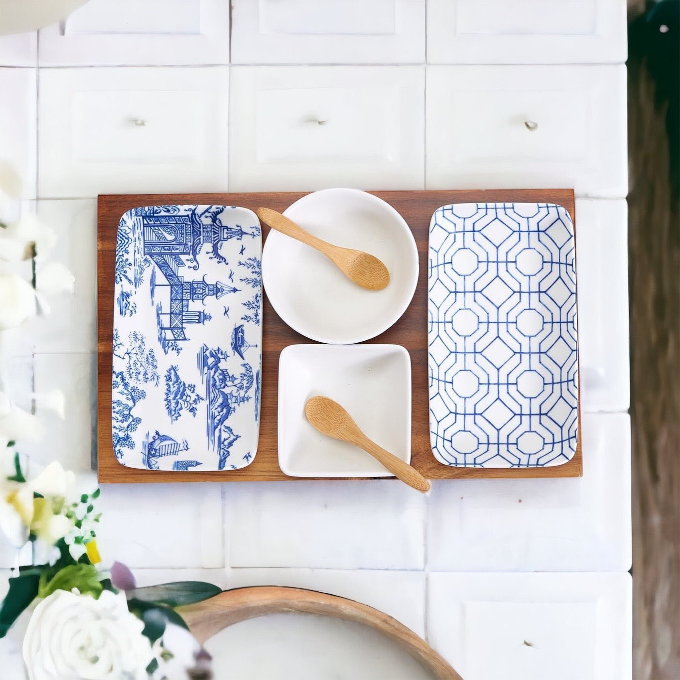 Chinoiserie Tapas Serving Set 7-Piece Porcelain Matte Blue White Acacia Tray