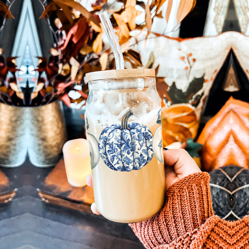 Chinoiserie Pumpkin 20oz Insulated Tumbler Ceramic Look Travel Mug Reusable
