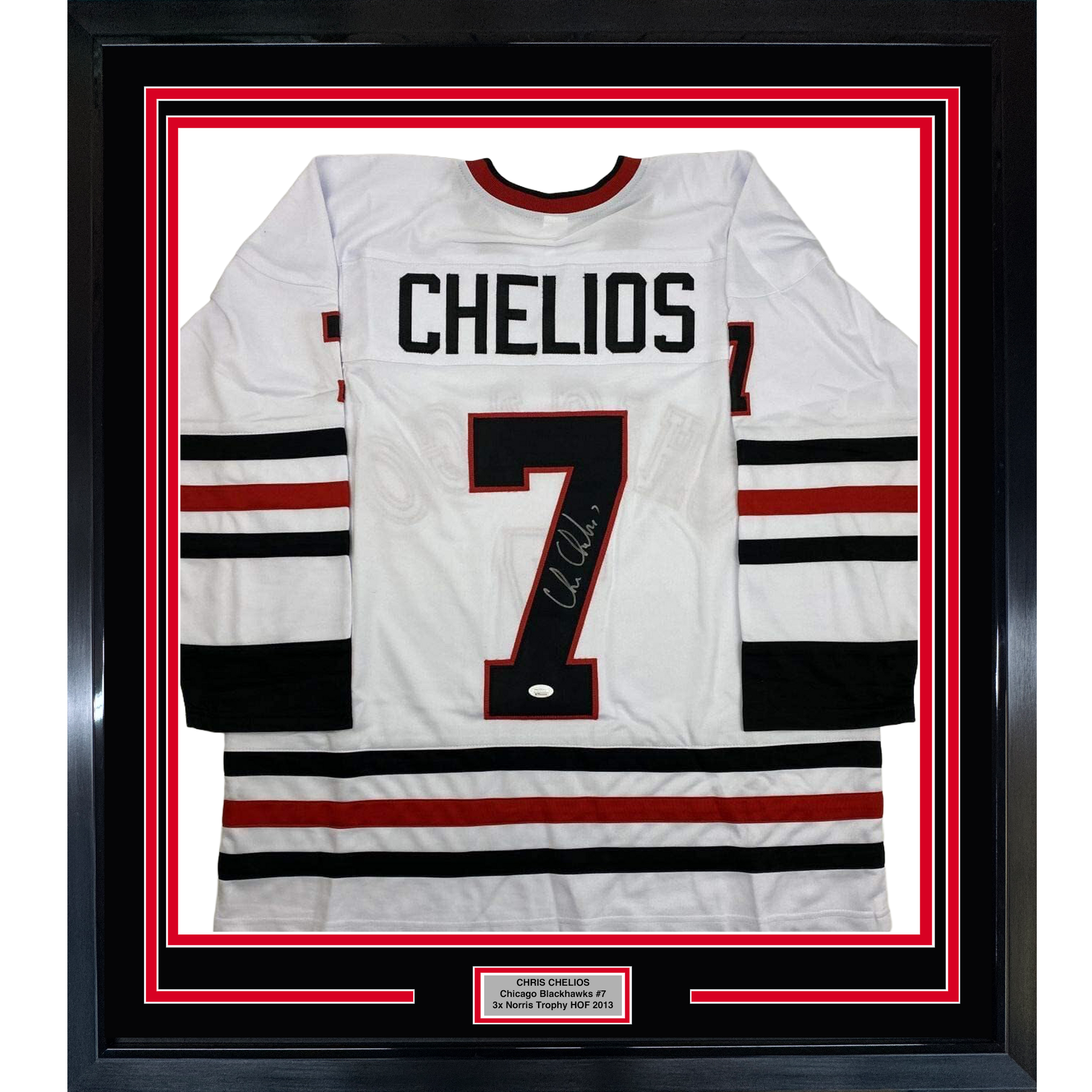 Framed Autographed/Signed Chris Chelios 35x39 Chicago White Hockey Jersey JSA COA
