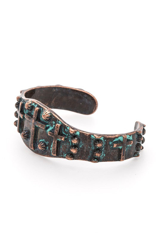 Christian Embossed Cross Cuff Bangle Adjustable Gold Tone