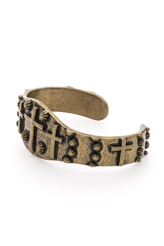 Christian Embossed Cross Cuff Bangle Adjustable Gold Tone