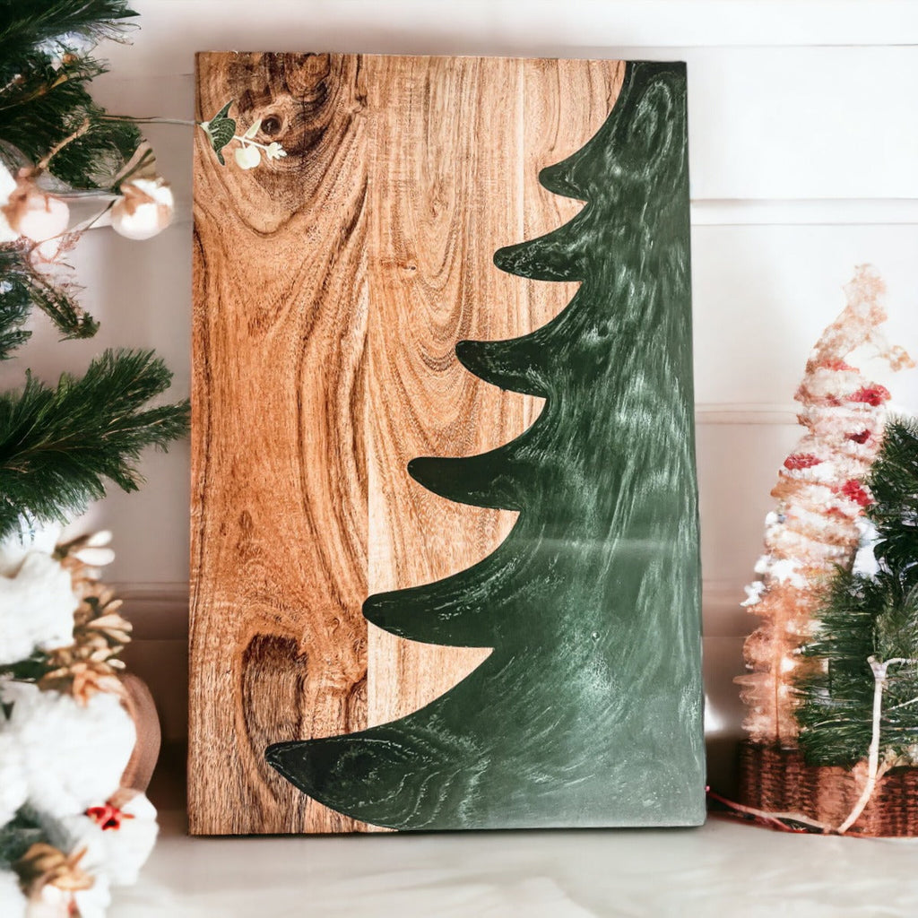 Christmas Charcuterie Serving Board Wood Resin Handcrafted Marbled Tree Inlay