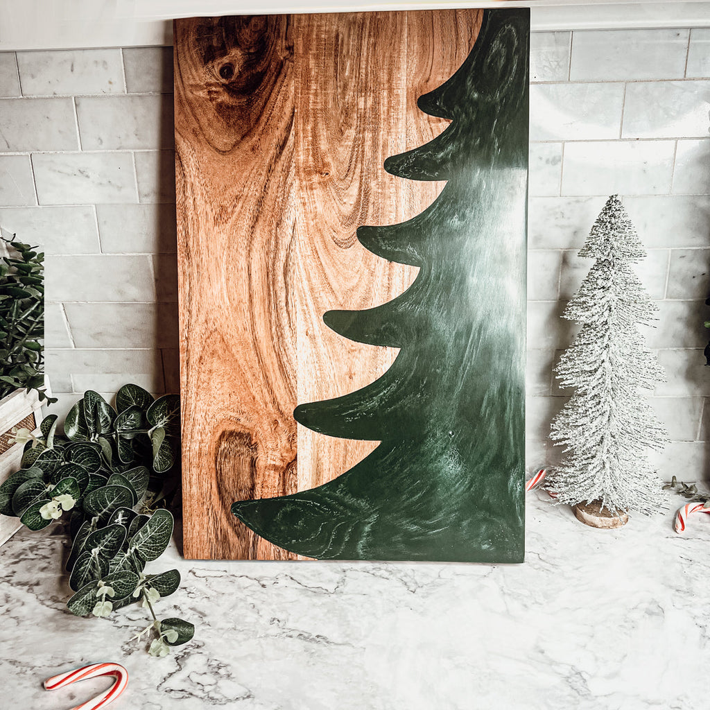Christmas Charcuterie Serving Board Wood Resin Handcrafted Marbled Tree Inlay