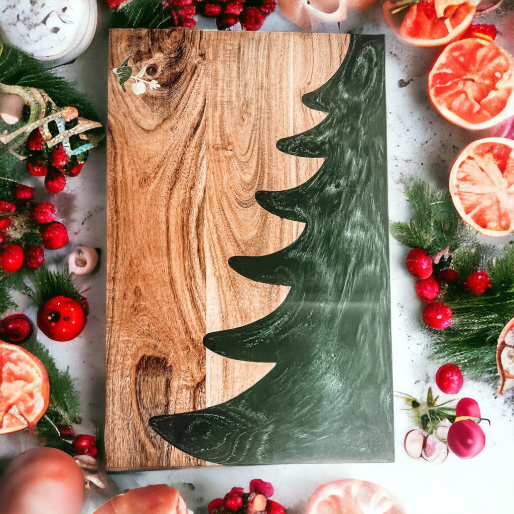 Christmas Charcuterie Serving Board Wood Resin Handcrafted Marbled Tree Inlay
