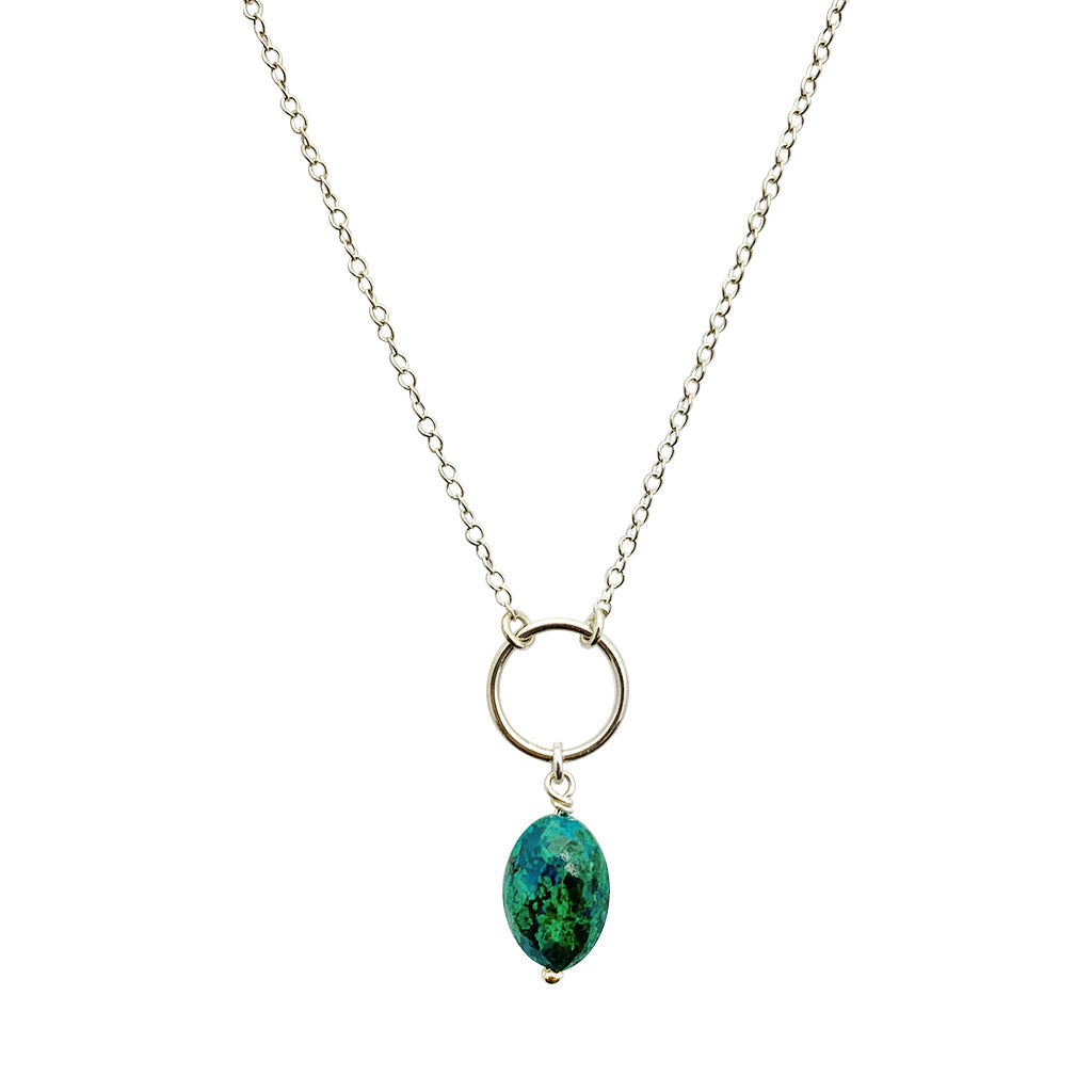 Chrysocolla Circle Necklace Sterling Silver Emerald Green Healing Gemstone