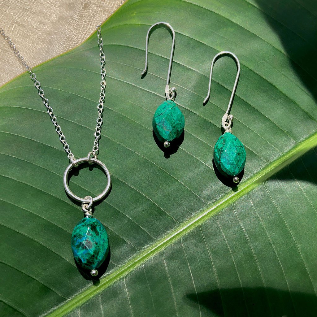 Chrysocolla Drop Earrings - Peruvian Emerald Green Gemstones Sterling Silver