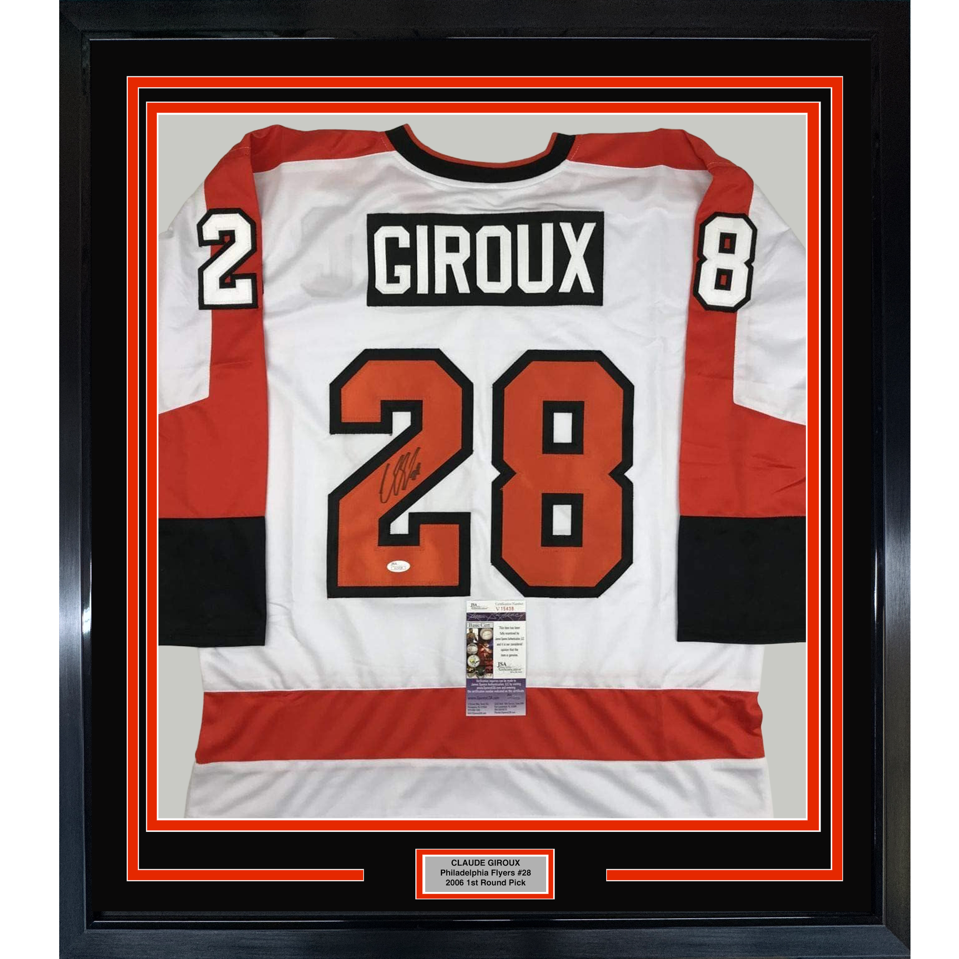 Framed Autographed/Signed Claude Giroux 35x39 Philadelphia White Hockey Jersey JSA COA