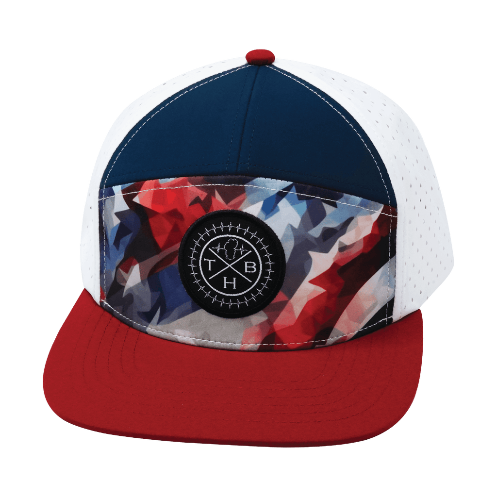 **ADULT** Color Vibes Hat - Flat Bill - Geo Flag - Dark Red / Navy / White - Laser Mesh