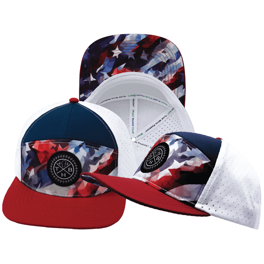 **ADULT** Color Vibes Hat - Flat Bill - Geo Flag - Dark Red / Navy / White - Laser Mesh
