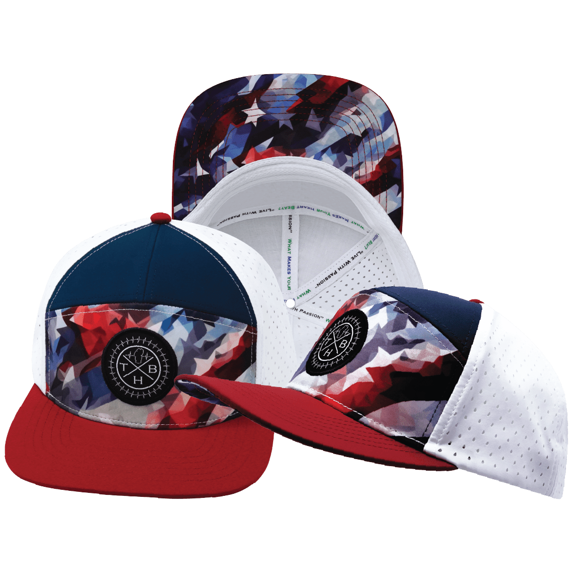 **ADULT** Color Vibes Hat - Flat Bill - Geo Flag - Dark Red / Navy / White - Laser Mesh
