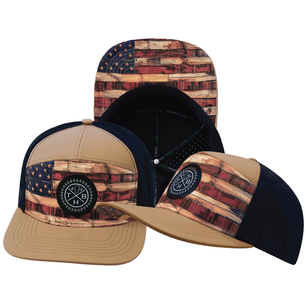 **ADULT** Color Vibes Hat - Flat Bill - Stained Flag - Light Tan / Navy - Laser Mesh