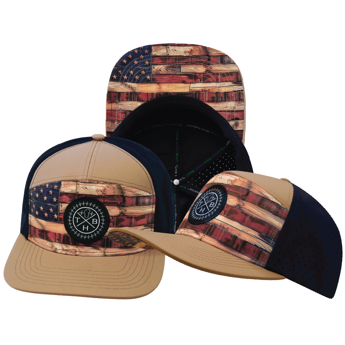 **ADULT** Color Vibes Hat - Flat Bill - Stained Flag - Light Tan / Navy - Laser Mesh
