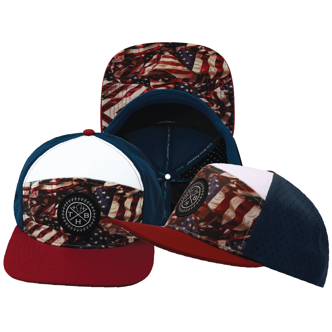 **ADULT** Color Vibes Hat - Flat Bill - Silk Flag - Dark Red / White / Navy - Laser Mesh