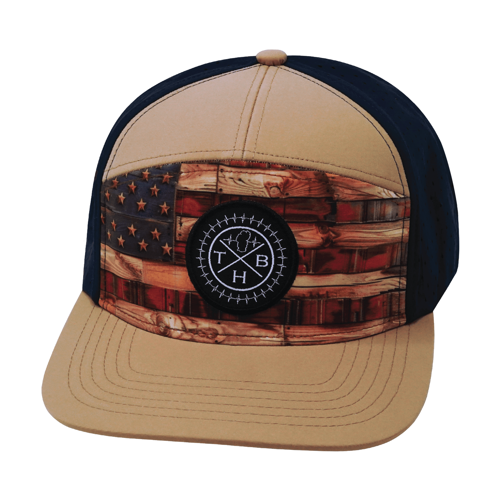 **ADULT** Color Vibes Hat - Flat Bill - Stained Flag - Light Tan / Navy - Laser Mesh