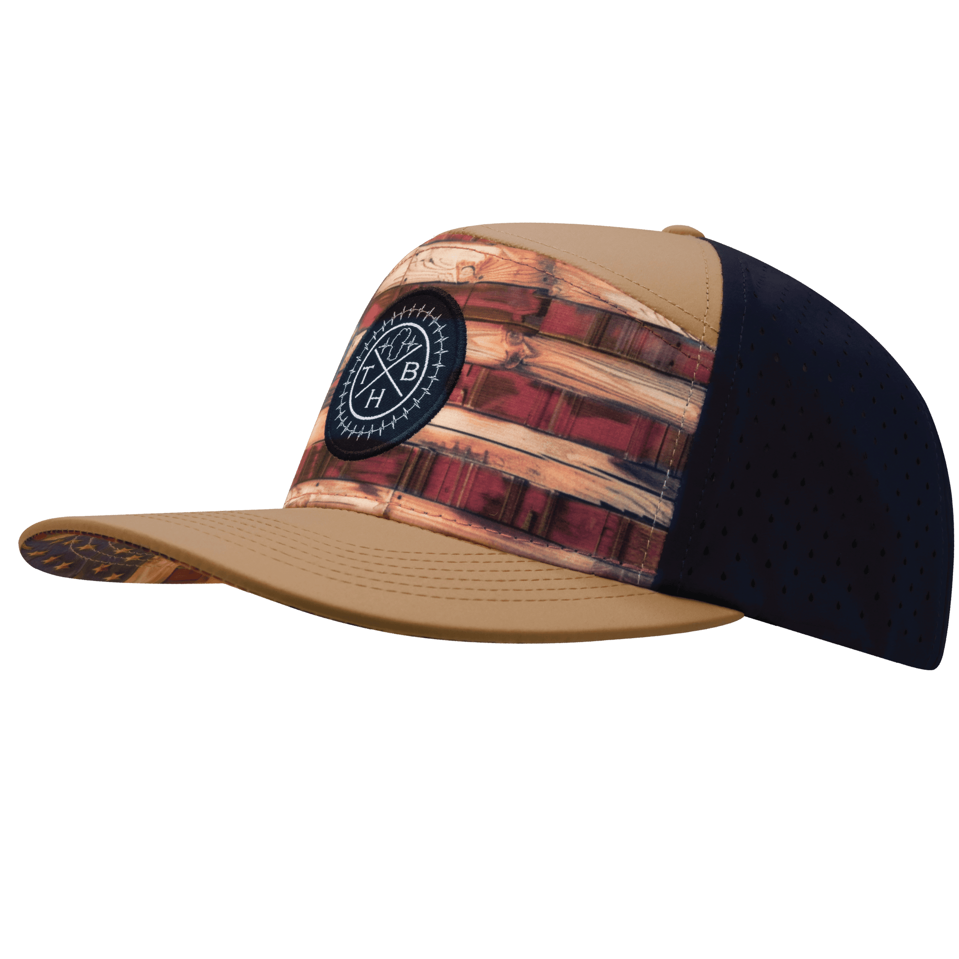 **ADULT** Color Vibes Hat - Flat Bill - Stained Flag - Light Tan / Navy - Laser Mesh
