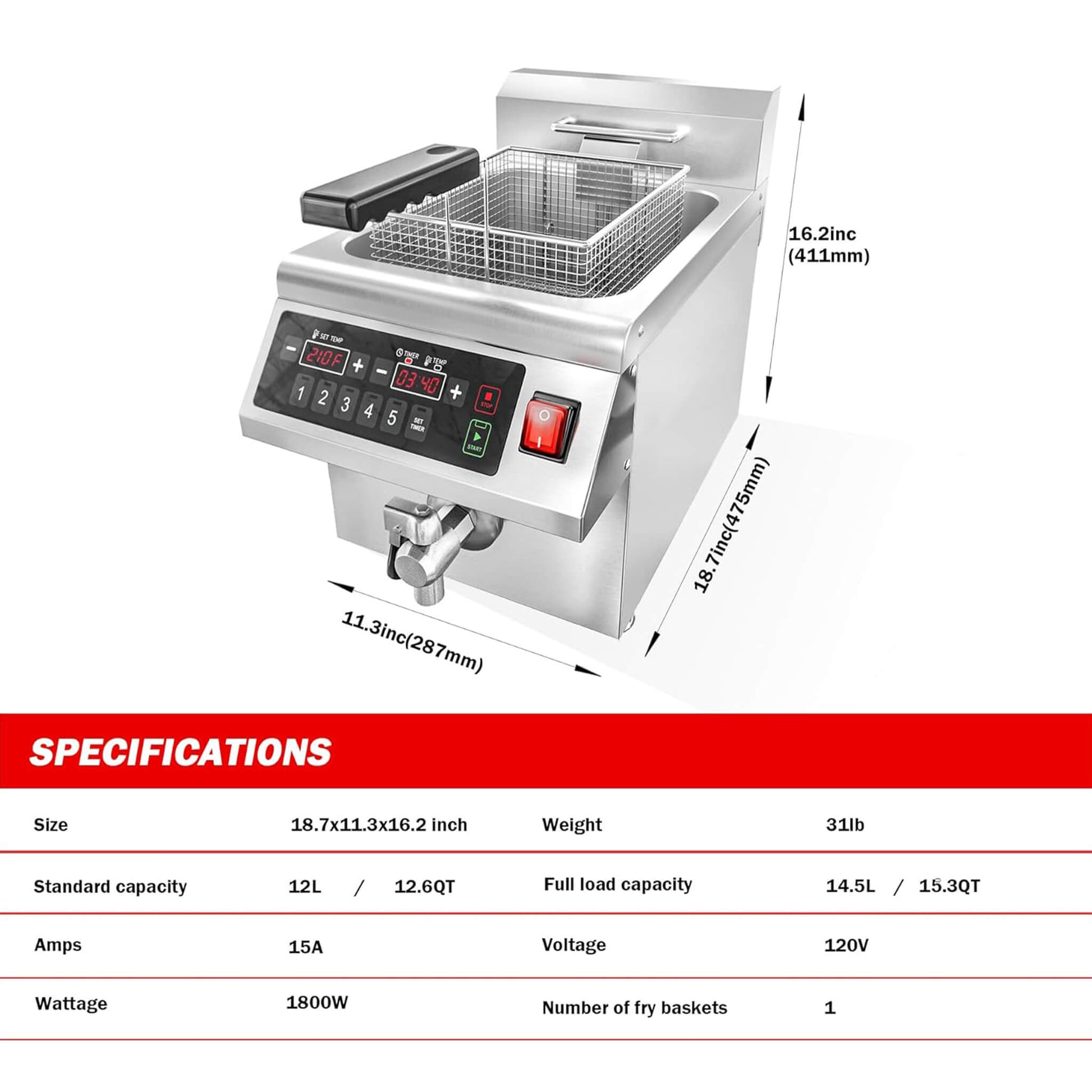 Commercial 12.6 QT 1800W Electric Induction Deep Fryer With Timer (SAK15870)
