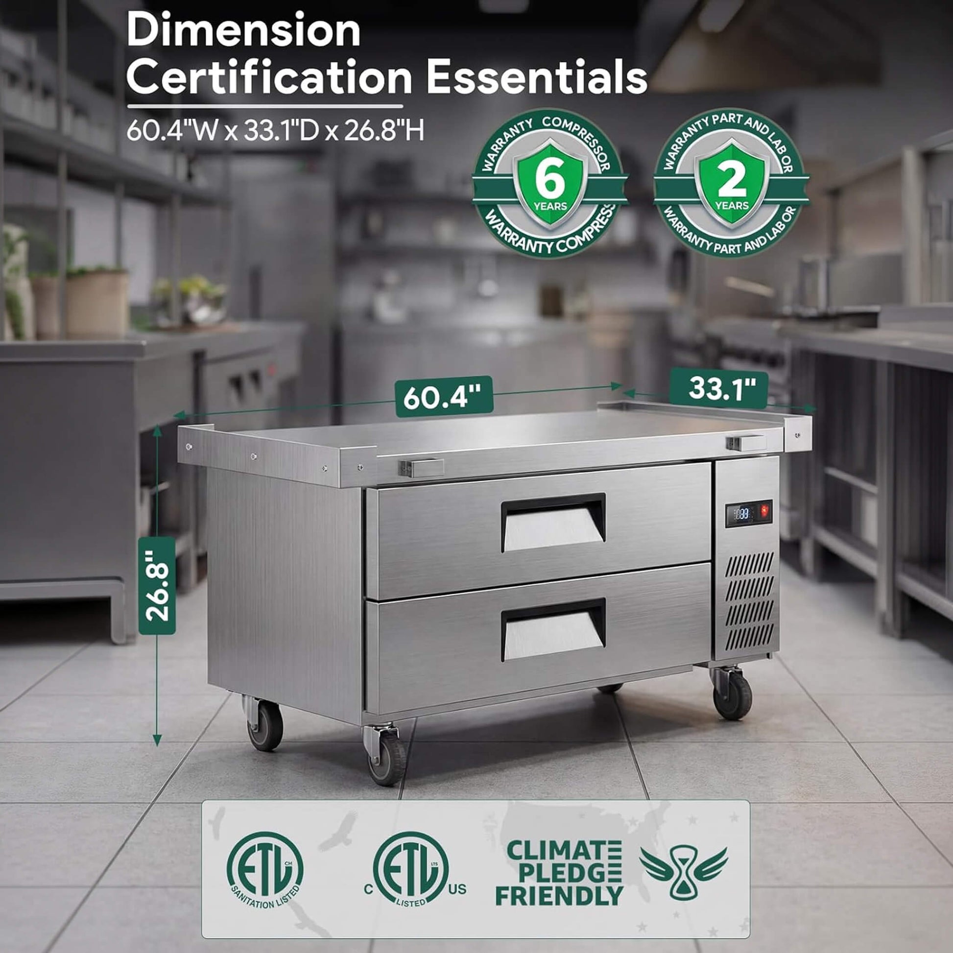 Commercial Double Drawer Undercounter Worktop Fridge With Chef Base & Wheels (SAK80596)