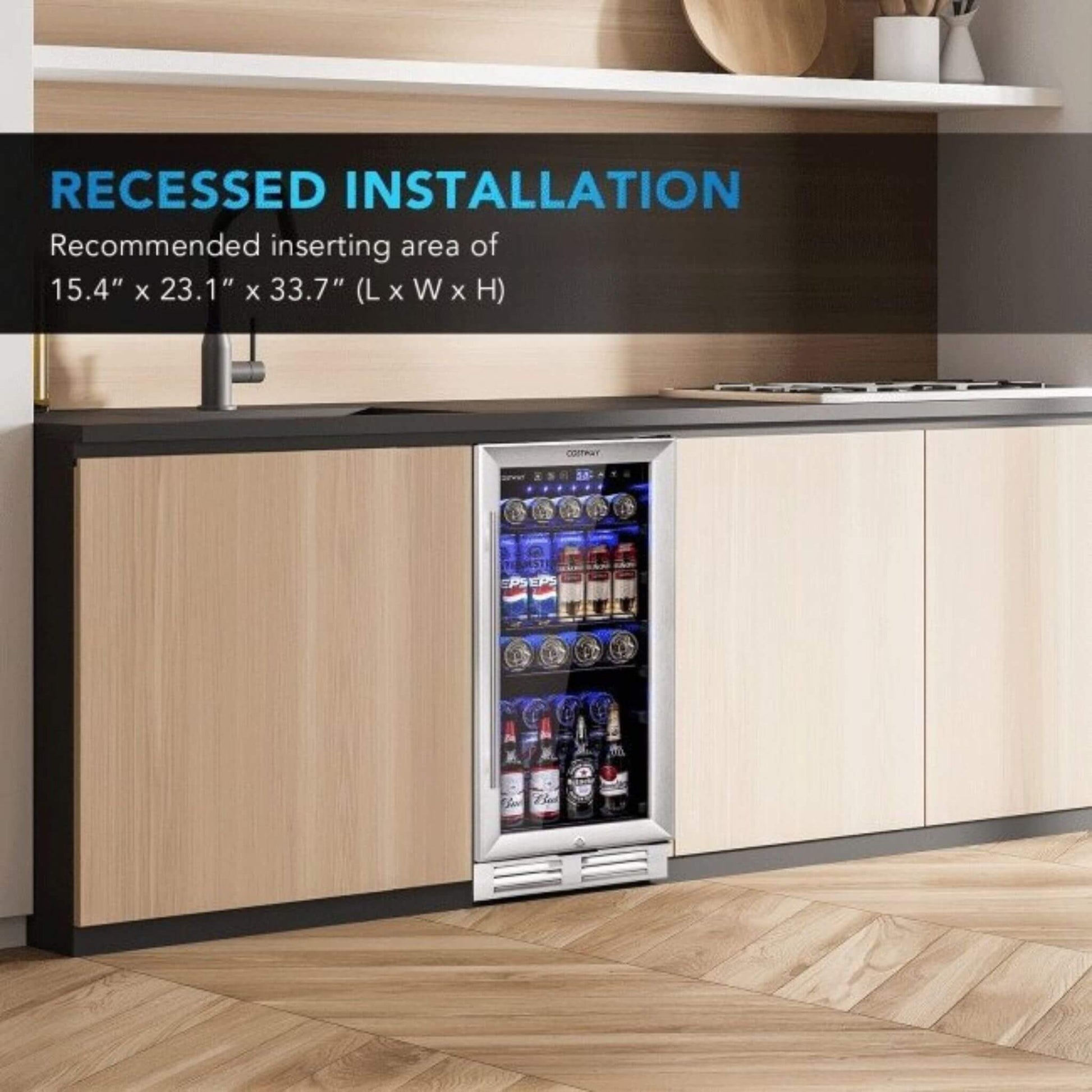 Premium 15" Tall Built-In Freestanding Beverage Cooler Refrigerator, 100 Cans (SAK77654)