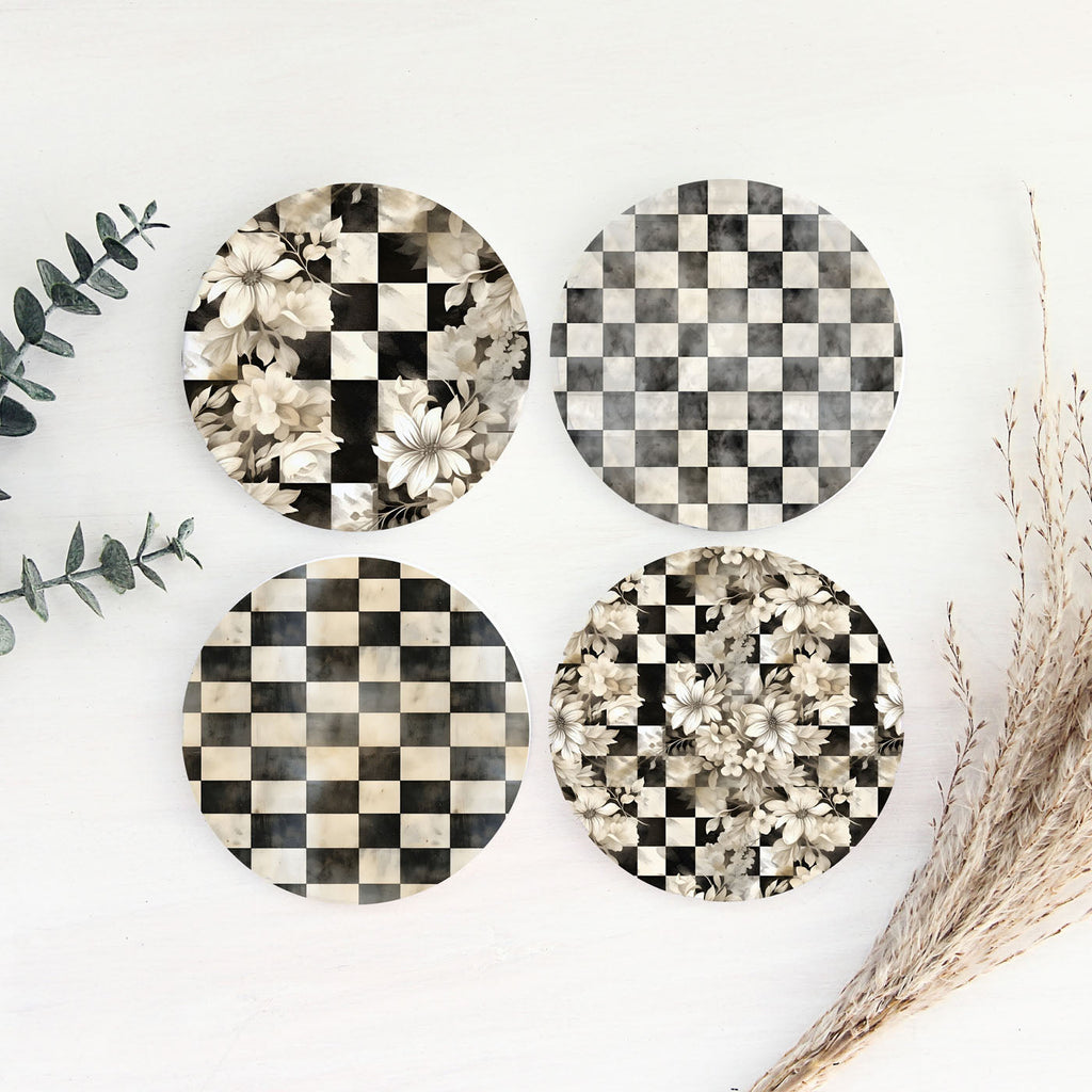 Spring Ceramic Coasters Set of 4 Courtly Check Designs Absorbent Drink Coasters for Table Protection