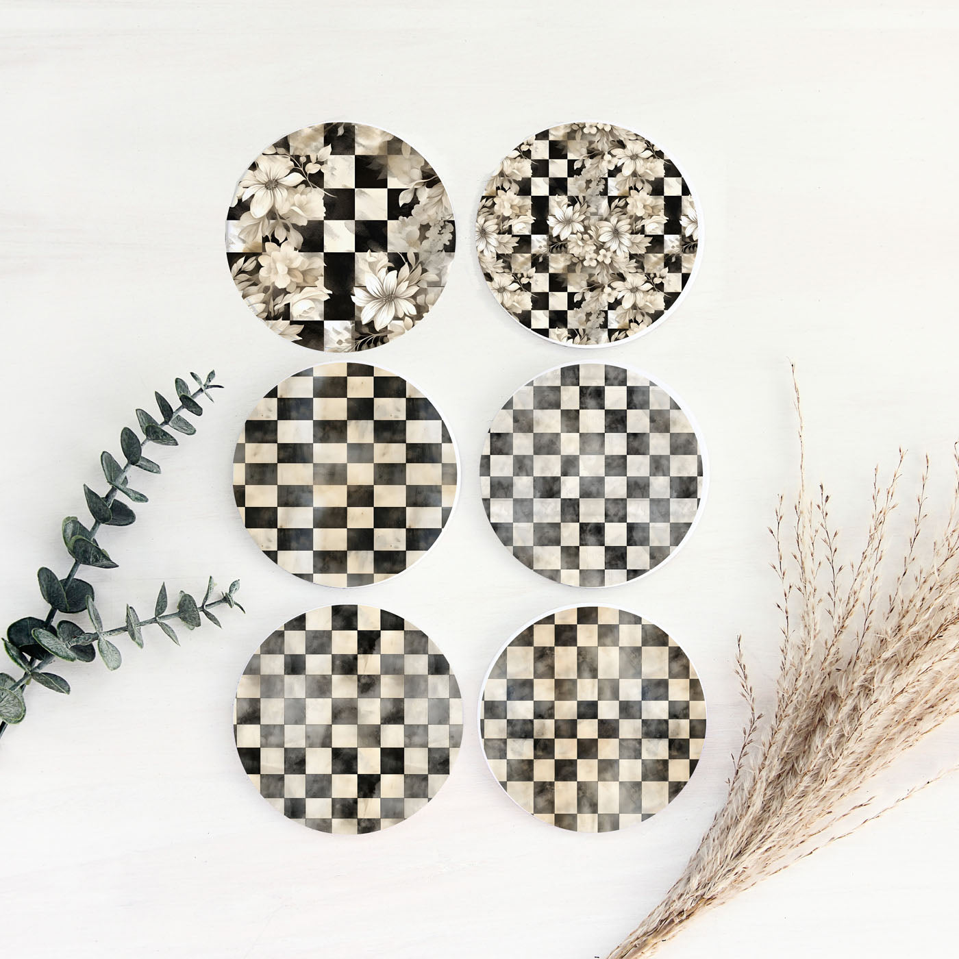 Spring Ceramic Coasters Set of 4 Courtly Check Designs Absorbent Drink Coasters for Table Protection