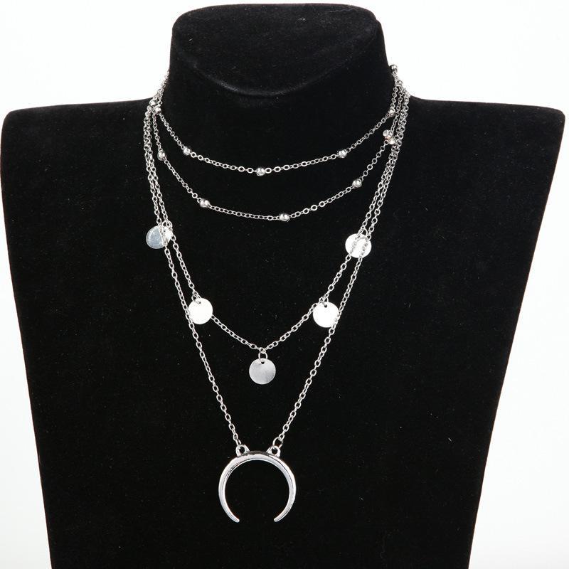 Crescent Horn Layered Necklace Boho Silver Multi Chain