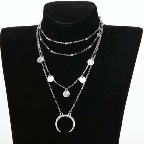 Crescent Horn Layered Necklace Boho Silver Multi Chain