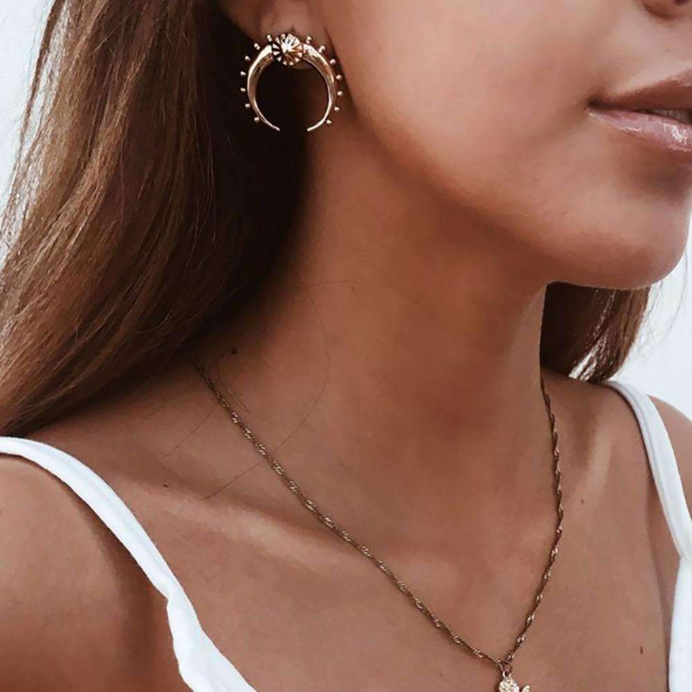 Crescent Moon Earrings Gold Plated Boho Hoop Dangle