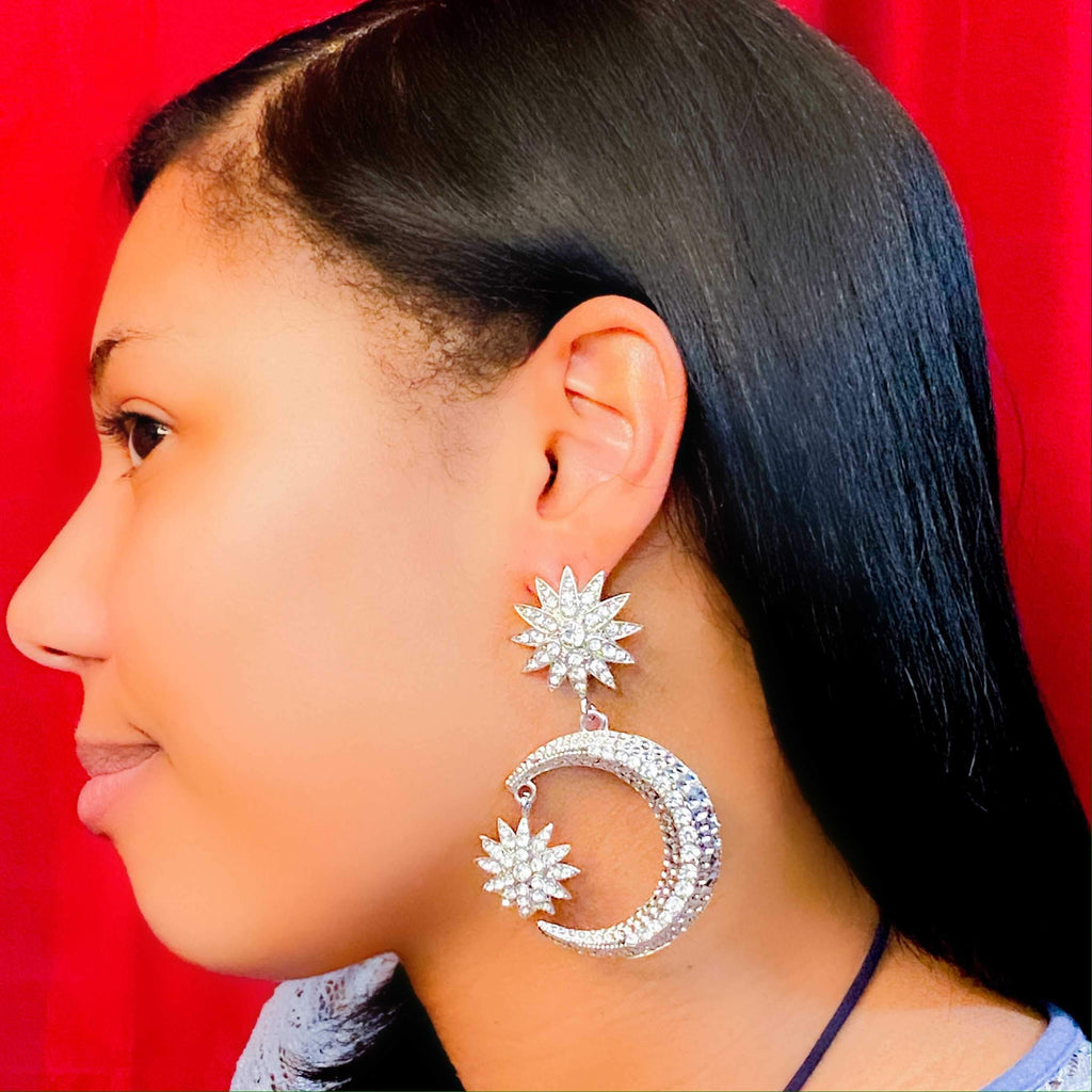 Crescent Moon Star Dangle Earrings Gold Rhinestone Statement